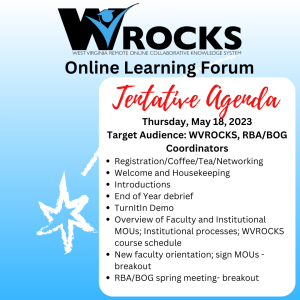 Tentative Agenda Thursday, May 18, 2023 Target Audience: WVROCKS, RBA/BOG Coordinators Registration/Coffee/Tea/Networking Welcome and Housekeeping Introductions End of Year debrief TurnItIn Demo Overview of Faculty and Institutional MOUs; Institutional processes; WVROCKS course schedule New faculty orientation; sign MOUs -breakout RBA/BOG spring meeting- breakout